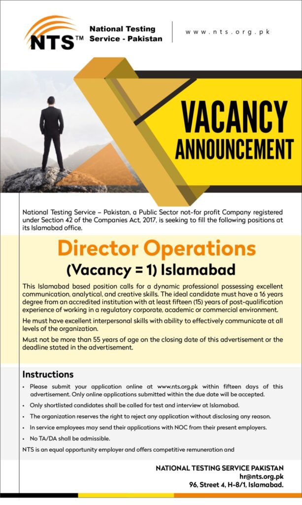 NTS Jobs 2025 National Testing Service - Director Operations Job